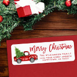 Brush Script Vintage Truck Christmas Red<br><div class="desc">Brush Script Watercolor Vintage Red Truck with Christmas Tree - Merry Christmas Family Return Address Label</div>