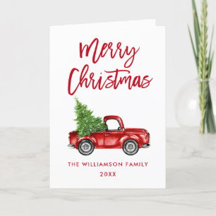 Brush Script Vintage Truck Christmas Red Fold Holiday Card