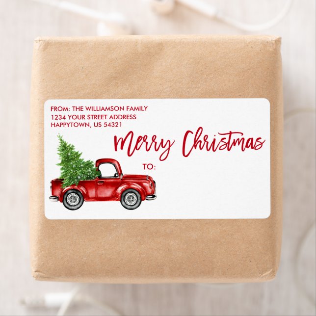 Brush Script Vintage Truck Christmas Red Mailing (Insitu)