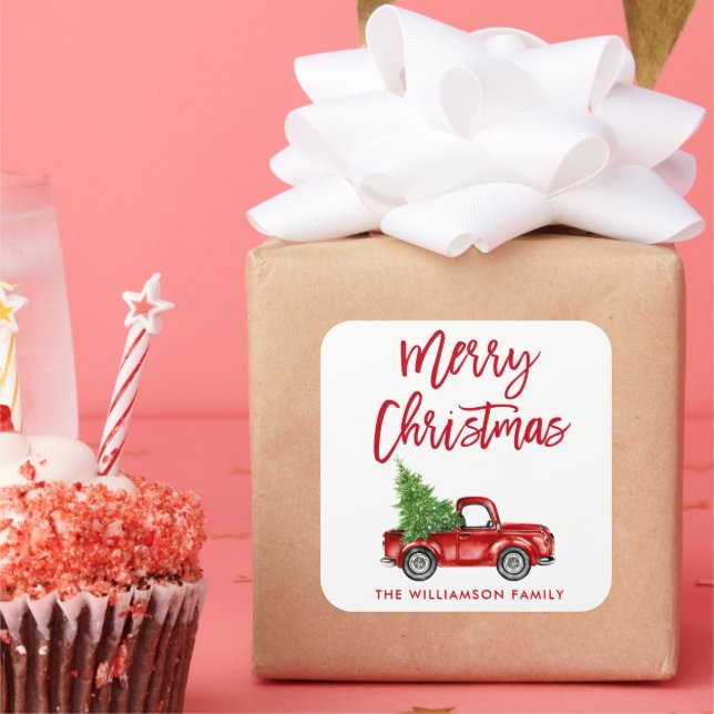 Brush Script Vintage Truck Christmas Square Sticker (Party)
