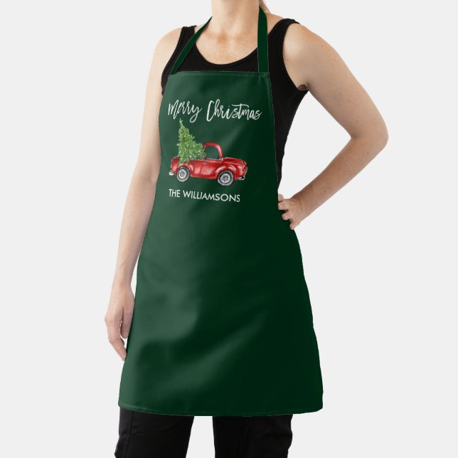 Brush Script Vintage Truck Christmas Tree Green Apron (Insitu)