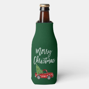 Brush Script Vintage Truck Christmas Tree Green Bottle Cooler