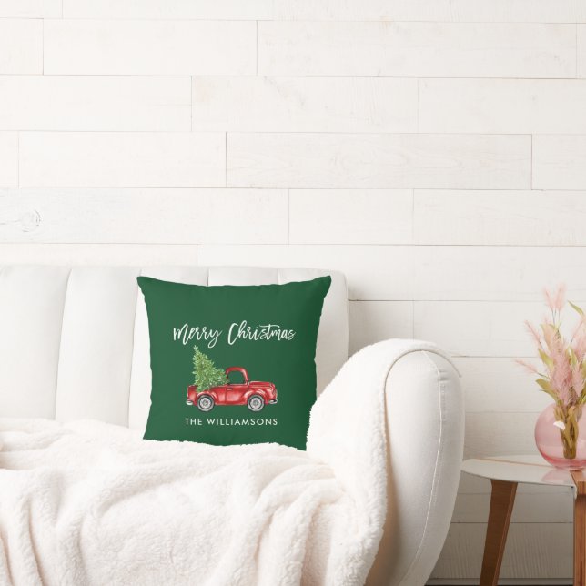 Brush Script Vintage Truck Christmas Tree Green Cushion (Couch)