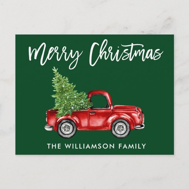 Brush Script Vintage Truck Christmas Tree Green Postcard (Front)