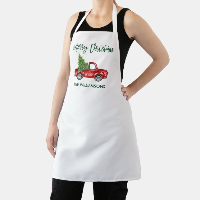 Brush Script Vintage Truck Christmas Tree White Apron (Insitu)