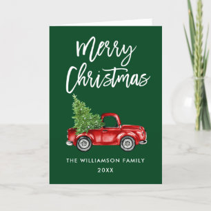 Brush Script Vintage Truck Green Christmas Fold Holiday Card