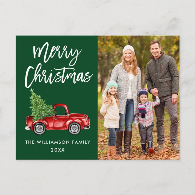 Brush Script Vintage Truck Photo Christmas Green Postcard (Front)
