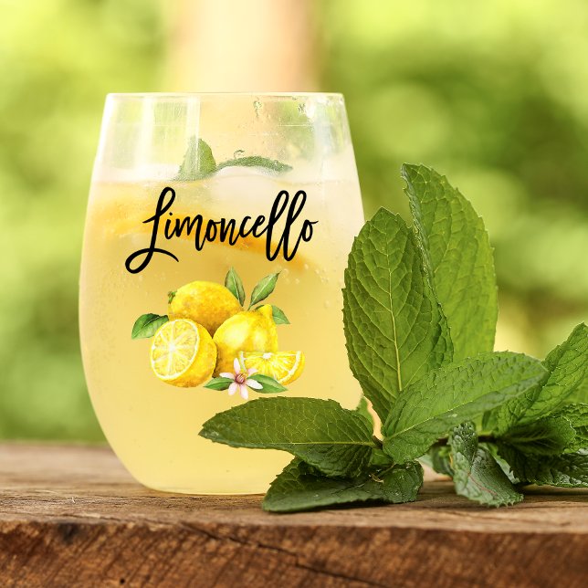 Brush Script Watercolor Lemons Limoncello Stemless Wine Glass (Several styles to choose from.)