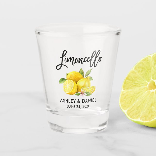 Brush Script Watercolor Lemons Wedding Limoncello Shot Glass (Front)