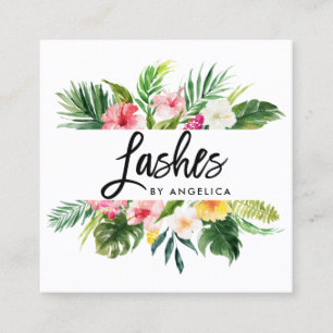 Brush Script Watercolor Tropical Floral Lashes Square Business Card