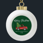 Brush Script Watercolor Vintage Truck Green Ceramic Ball Christmas Ornament<br><div class="desc">Brush Script Watercolor Vintage Red Truck with Christmas Tree - Merry Christmas Ornament</div>