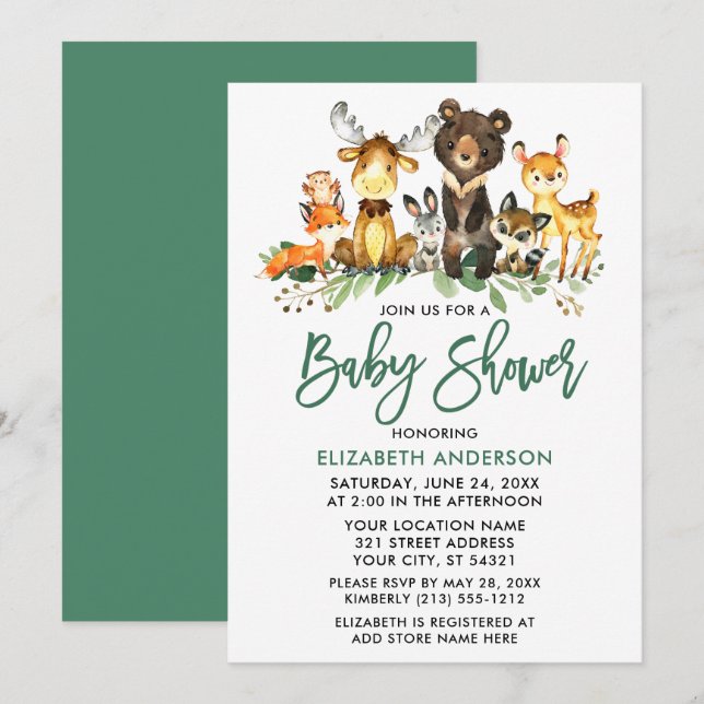 Brush Script Watercolor Woodland Animals Shower Invitation (Front/Back)
