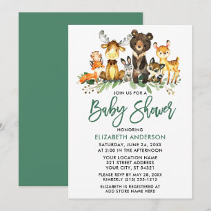 Brush Script Watercolor Woodland Animals Shower Invitation