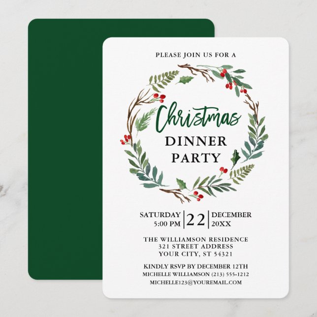 Brush Script Watercolor Wreath Christmas Party Invitation (Front/Back)