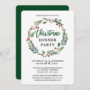 Brush Script Watercolor Wreath Christmas Party Invitation