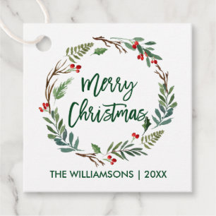 Brush Script Watercolor Wreath Merry Christmas Favour Tags