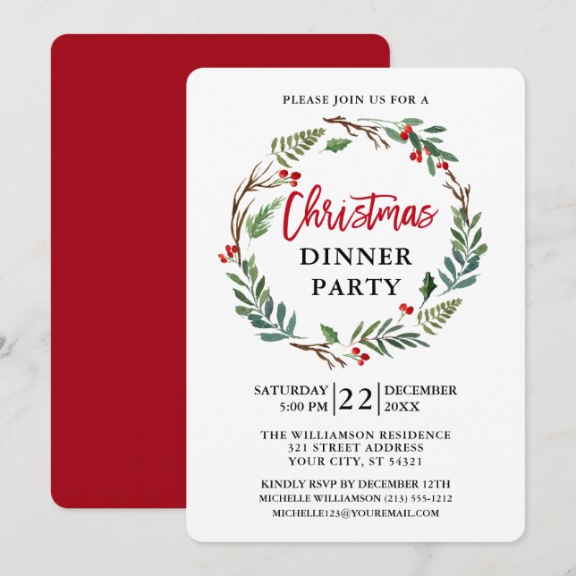 Brush Script Watercolor Wreath Red Christmas Party Invitation (Front/Back)