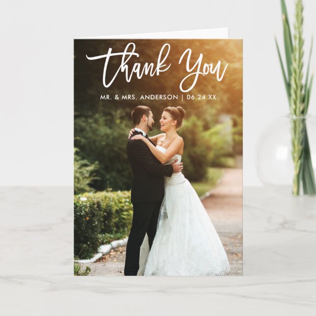 Brush Script Wedding Photo Folded Thank You Card (Front)