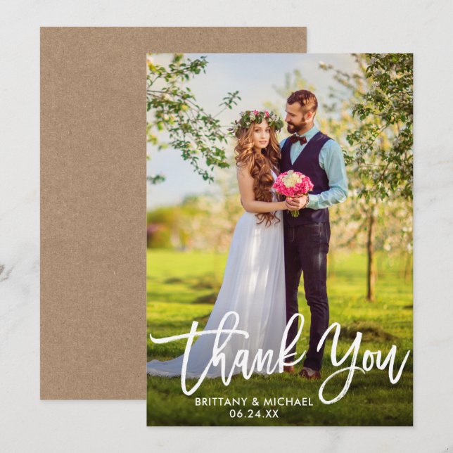 Brush Script Wedding Photo Kraft Thank You Card W (Front/Back)