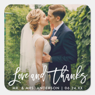 Brush Script Wedding Photo Love and Thanks Modern Square Sticker
