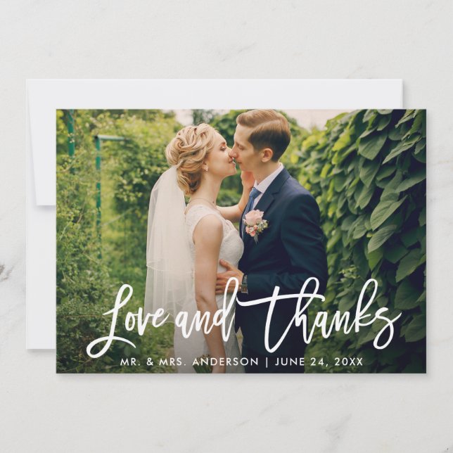 Brush Script Wedding Photo Love and Thanks Modern Thank You Card (Front)