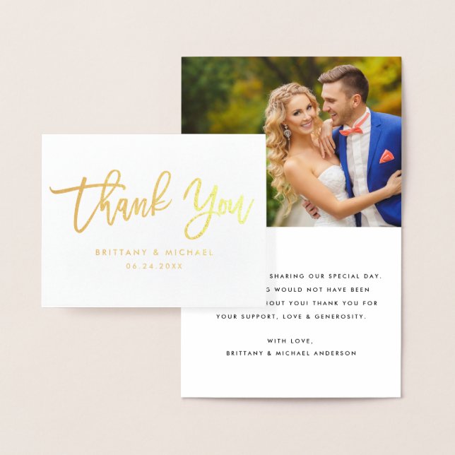 Brush Script Wedding Photo Thank You Note Gold Foil Card (Display)