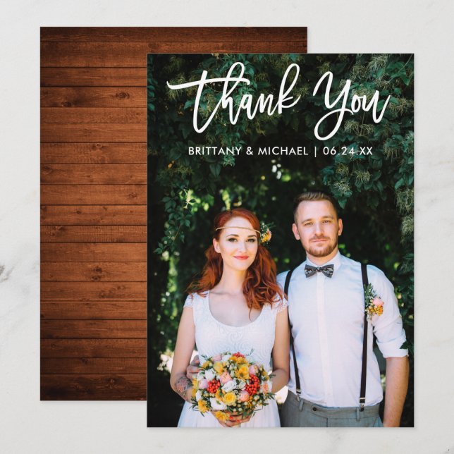 Brush Script Wedding Photo Wood Thank You Card Wt (Front/Back)