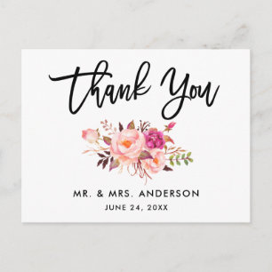 Brush Script Wedding Pink Floral Thank You Postcard