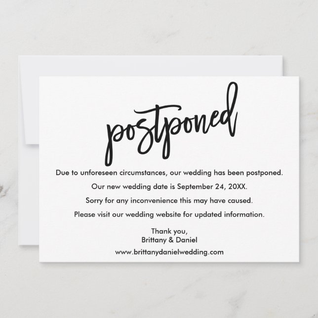 Brush Script Wedding Postponed New Date Card (Front)