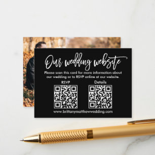 Brush Script Wedding QR RSVP Details Photo Black Enclosure Card