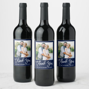 Brush Script Wedding Thank You Blue Photo Wine Label