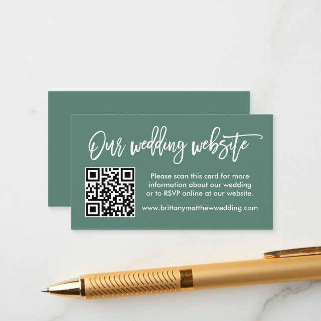 Brush Script Wedding Website QR Eucalyptus Green Enclosure Card (Front/Back In Situ)