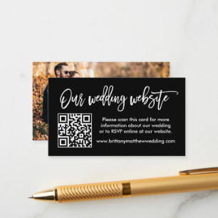Brush Script Wedding Website QR Photo Black Enclosure Card