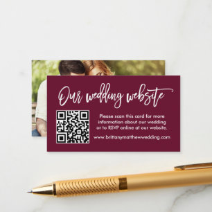 Brush Script Wedding Website QR Photo Burgundy Enclosure Card