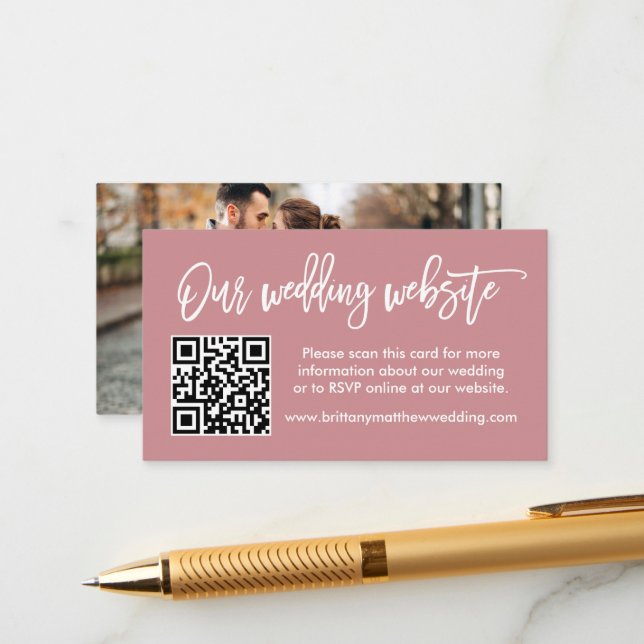 Brush Script Wedding Website QR Photo Dusty Rose Enclosure Card (Front/Back In Situ)