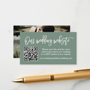 Brush Script Wedding Website QR Photo Sage Green Enclosure Card