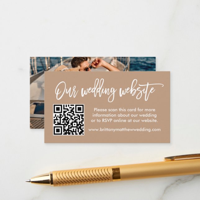 Brush Script Wedding Website QR Photo Taupe Enclosure Card (Front/Back In Situ)