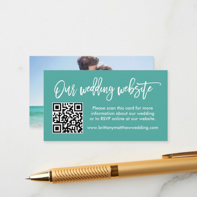 Brush Script Wedding Website QR Photo Teal Enclosure Card (Front/Back In Situ)