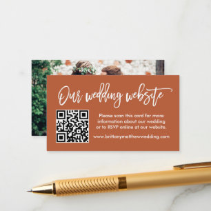Brush Script Wedding Website QR Photo Terracotta Enclosure Card
