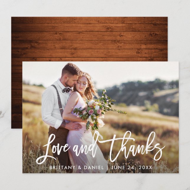 Brush Script Wedding Wood Love and Thanks Card (Front/Back)