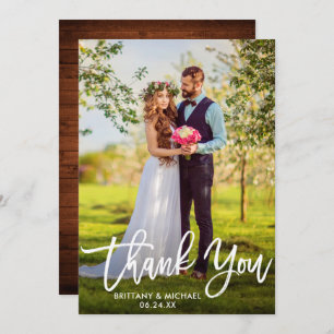 Brush Script Wedding Wood Photo Thank You Card W