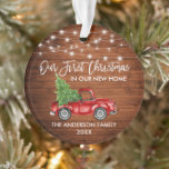 Brush Script Wood 1st Christmas Home Truck Lights Ornament<br><div class="desc">Modern Brush Script Our First Christmas in our New Home Ornament includes Watercolor Vintage Red Truck with Christmas Tree. Rustic Country Wood and String Lights.</div>