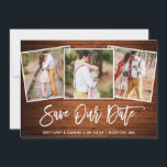 Brush Script Wood 3 Photo Save Our Date Card<br><div class="desc">Modern Brush Script Rustic Wood Couple 3 Photo Save Our Date Engagement Announcement Card</div>