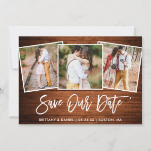 Brush Script Wood 3 Photo Save Our Date Card