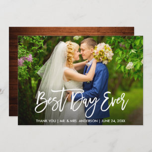 Brush Script Wood Best Day Ever Wedding Card