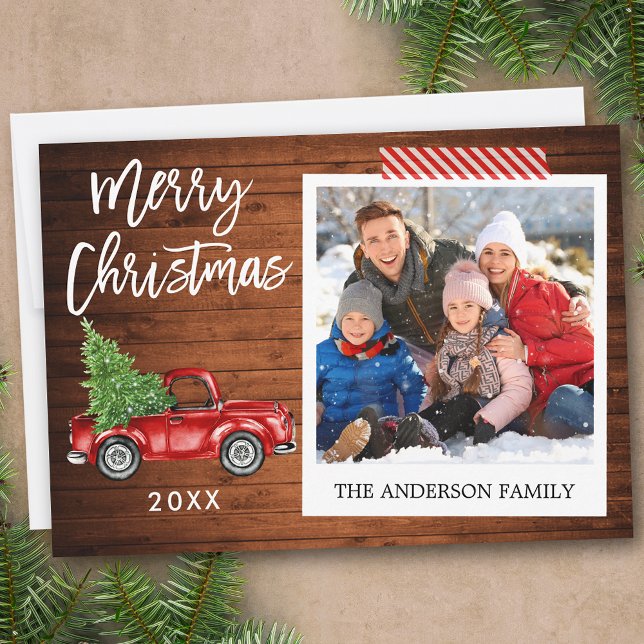 Brush Script Wood Craft Tape Instant Photo Truck Holiday Card (Customize to add text or more photos to back of card.)