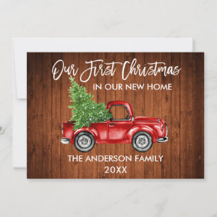 Brush Script Wood First Christmas New Home Truck Holiday Card