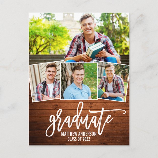 Brush Script Wood Graduation Announcement Postcard (Front)