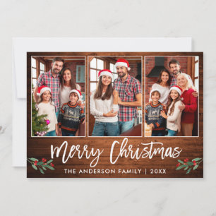 Brush Script Wood Greenery 3 Photo Christmas Holiday Card