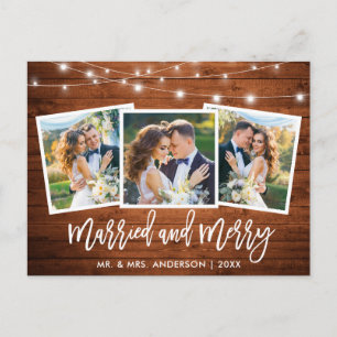 Brush Script Wood Lights 3 Photo Married Merry Postcard